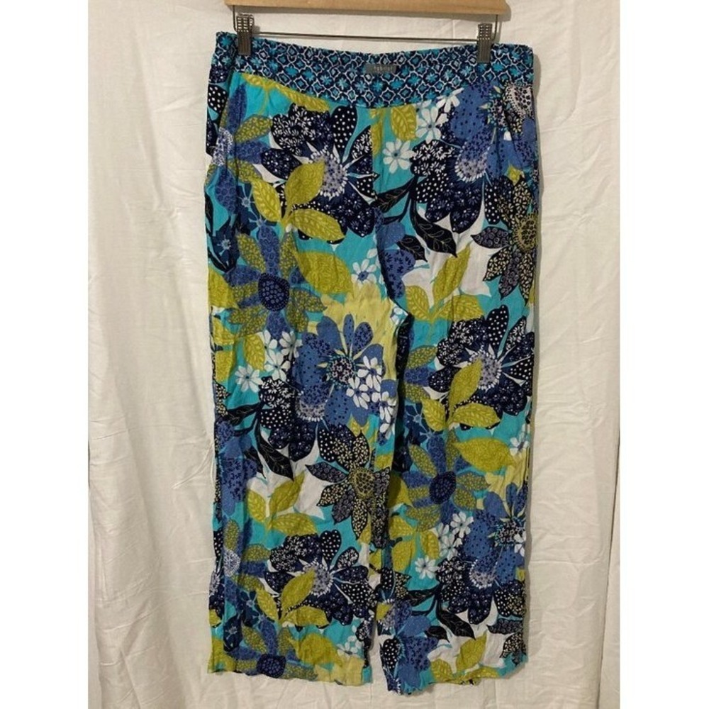 Habitat Women L Wide Leg Pant Resort Boho Floral Print Blueโ Yellow Loose Core
